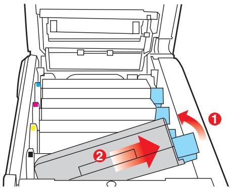 OKI MC560MFP-PLUS - Pull the colored toner release lever (1) on the cartridge to be replaced fully towards the front of the MFP. - 2