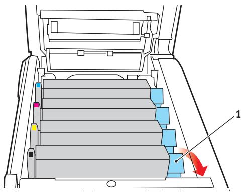 OKI MC560MFP-PLUS - Pull the colored toner release lever (1) on the cartridge to be replaced fully towards the front of the MFP. - 1