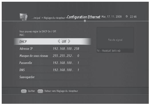 HUMAX TN8000 HD - Réglage réseau (MENU> Réglage du récepteur > Réseau) - 2