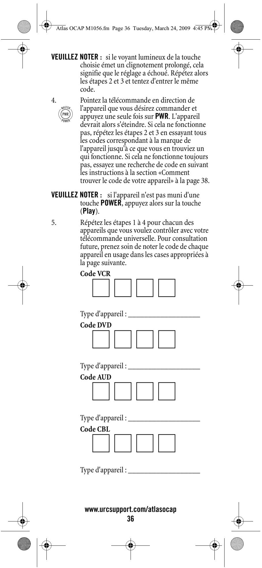 UNIVERSAL REMOTE CONTROL ATLAS OCAP 5-DEVICE - RéGLAGE DE LA TÉLECOMMANDE EN FONCTION DES APPAREILS - 5