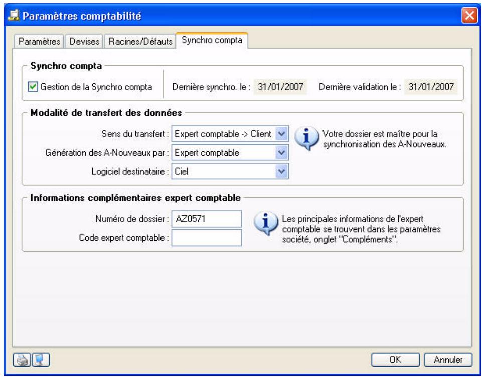 CIEL COMPTA V14 - Paramètres Synchro compta - 1