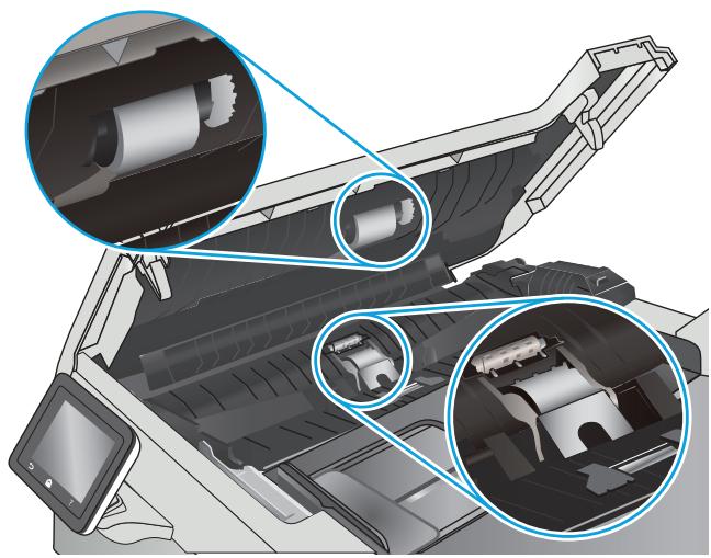 HP COLOR LASERJET PRO MFP M477FDN, COLOR LASERJET PRO MFP M477FDW, COLOR LASERJET PRO MFP M477FNW - Nettoyer les rouleaux et le tampon de séparation du bac d'alimentation. - 2