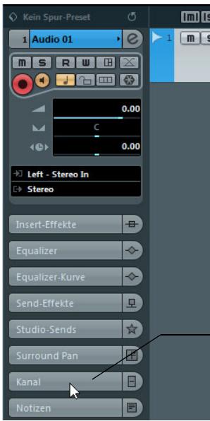 STEINBERG CUBASE ARTIST 6 - Öffnen Sie im Inspector die Kanal-Registerkarte. - 1