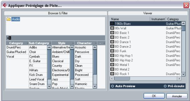 STEINBERG CUBASE STUDIO 4 - Dialogue appliquer préréglages de piste avec section pré-écoute - 1