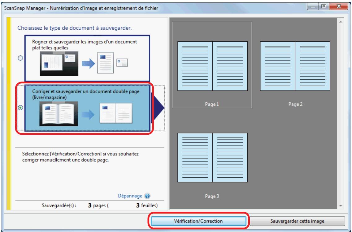 FUJITSU SCANSNAP IX100 - Dans la fenêtre qui s'affiche une fois la numérisation terminée, Sélectionnez [Corriger et sauvégarder un document double page (livre/magazine)] et cliquez sur le bouton [Vérification/Correction]. - 1