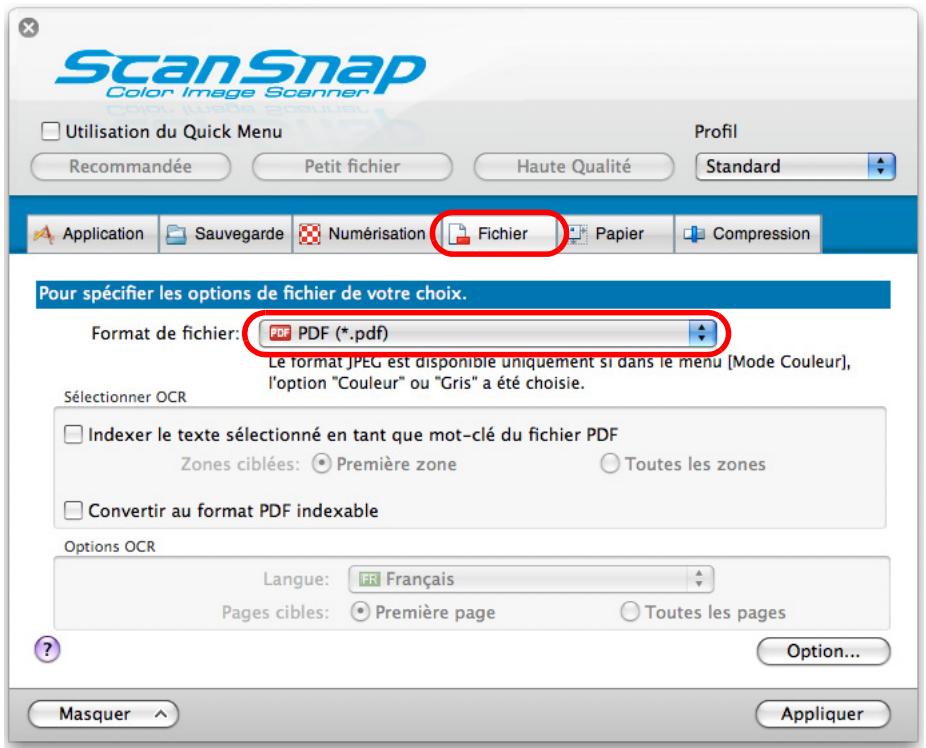 FUJITSU SCANSNAP S1100I - Dans le menu local Format de fichier de l'onglet Fichier, Sélectionnez PDF (.pdf). - 1
