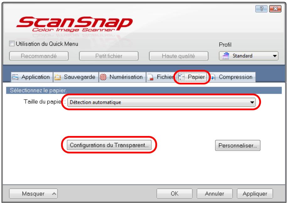 FUJITSU SCANSNAP S1100I - Dans l'onglet Papier, Sélectionnez Détection automatique dans Taille du papier, puis cliquez sur le bouton Configurations du Transparent. - 1