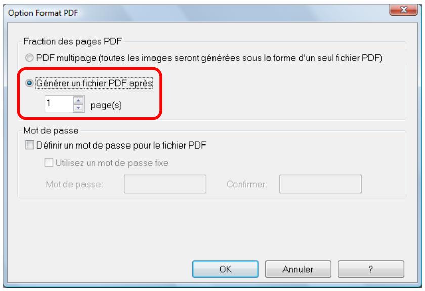 FUJITSU SCANSNAP S1100I - Sélectionnez Générer un fichier PDF après (n) page(s) et saisissez le nombre de pages à fractionner. - 1