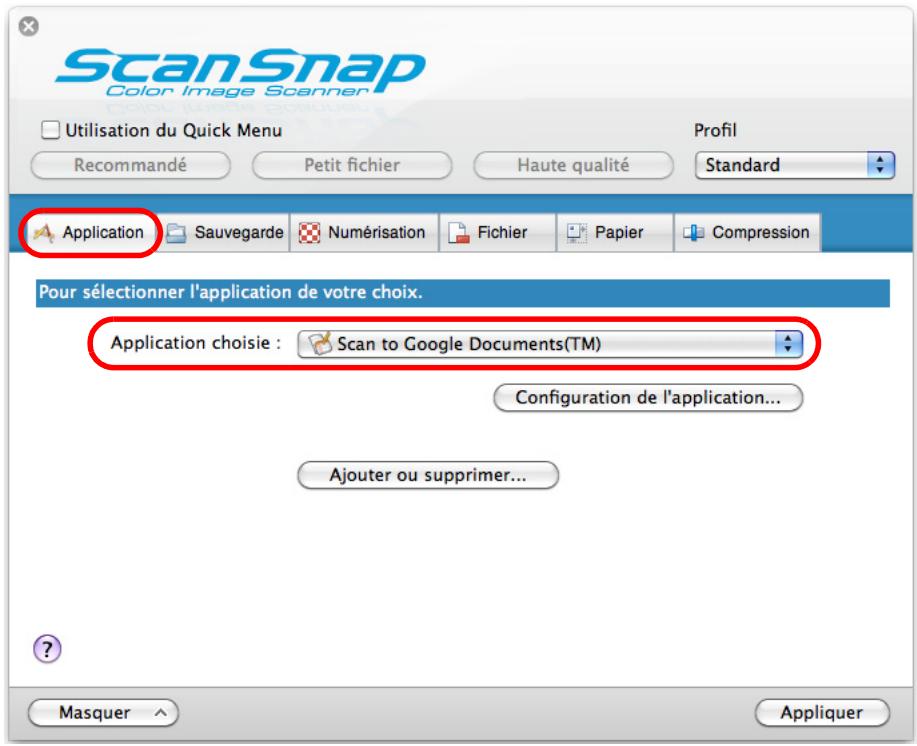 FUJITSU SCANSNAP S1100I - Dans le menu local Application chosesie de l'onglet Application, selectionnez Scan to Google Documents(TM). - 1