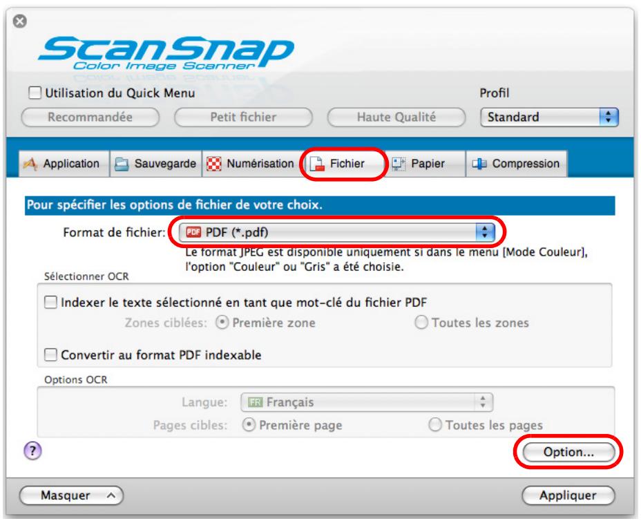 FUJITSU SCANSNAP S1100I - Dans le menu local Format de fichier de l'onglet Fichier, Sélectionnez PDF (.pdf) et cliquez sur le bouton Option. - 1