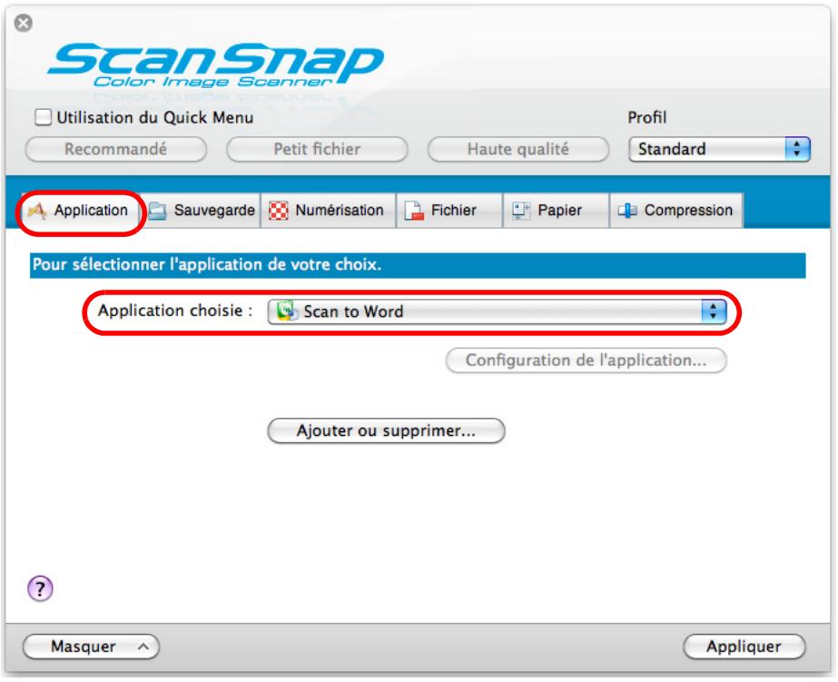 FUJITSU SCANSNAP S1100I - Dans le menu local Application chosesie de l'onglet Application, selectionnez Scan to Word ou Scan to Excel. - 1