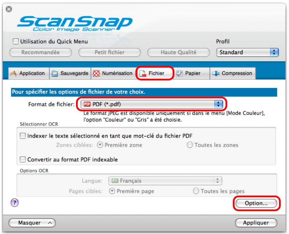 FUJITSU SCANSNAP S1300I, SCANSNAP S1300I DELUXE - Dans le menu local Format de fichier de l'onglet Fichier, Sélectionnez PDF (.pdf) et cliquez sur le bouton Option. - 1