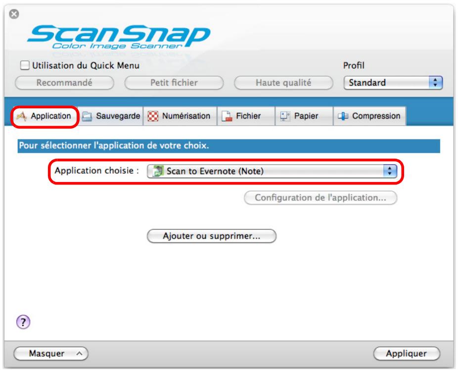 FUJITSU SCANSNAP S1300I,  SCANSNAP S1300I DELUXE - Dans le menu local Application chosesie de l'onglet Application, selectionnez Scan to Evernote (Note). - 1