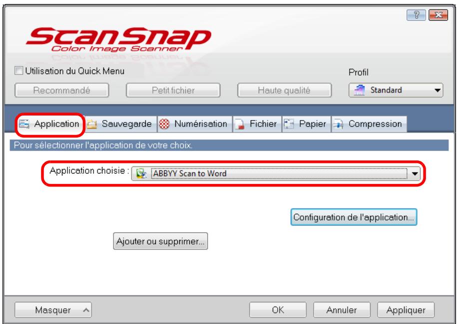 FUJITSU SCANSNAP S1300I,  SCANSNAP S1300I DELUXE - Dans la liste déroulante Application chosesie de l'onglet Application, selectionnez ABBYY Scan to Word, ABBYY Scan to Excel ou ABBYY Scan to PowerPoint(R). - 1
