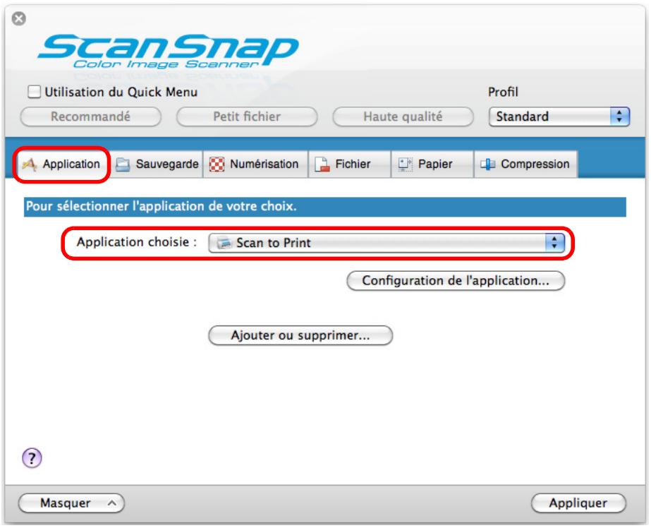 FUJITSU SCANSNAP S1300I,  SCANSNAP S1300I DELUXE - Dans le menu local Application chosesie de l'onglet Application, selectionnez Scan to Print. - 1