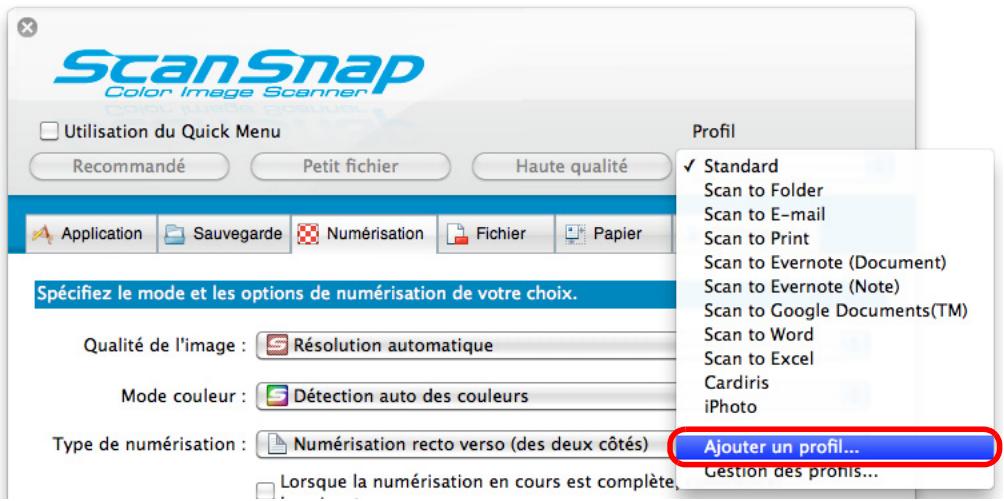 FUJITSU SCANSNAP S1300I,  SCANSNAP S1300I DELUXE - Sélectionnez Ajouter un profil dans le menu local Profil. - 1