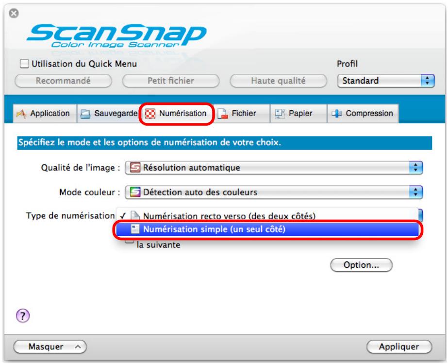 FUJITSU SCANSNAP S1300I,  SCANSNAP S1300I DELUXE - Sélectionnez Numérisation simple (un seul côté) dans le menu local Type de numérisation de l'onglet Numérisation. - 1