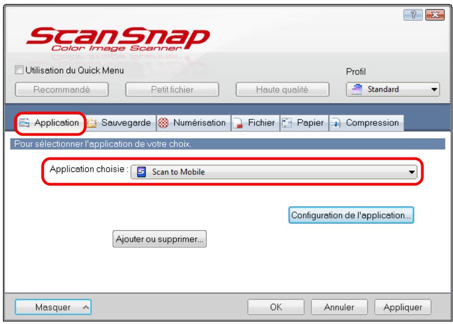 FUJITSU SCANSNAP S1300I,  SCANSNAP S1300I DELUXE - Dans la liste déroulante Application chosesie de l'onglet Application, selectionnez Scan to Mobile. - 1