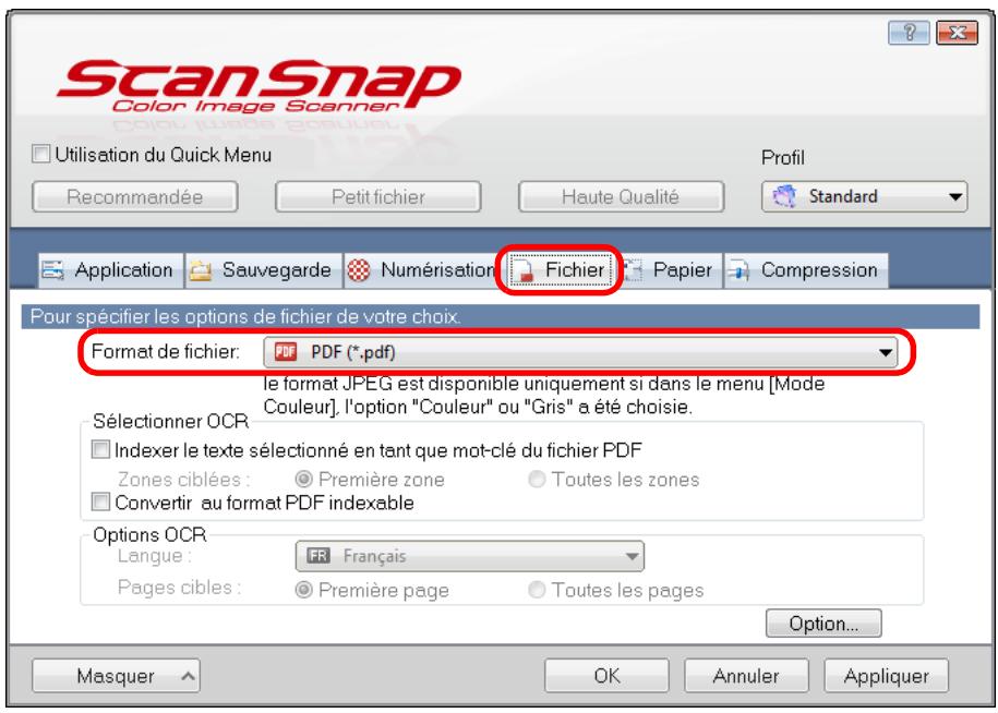 FUJITSU SCANSNAP S1300I,  SCANSNAP S1300I DELUXE - Dans la liste déroulante Format de fichier de l'onglet Fichier, Sélectionnez PDF (.pdf). - 1