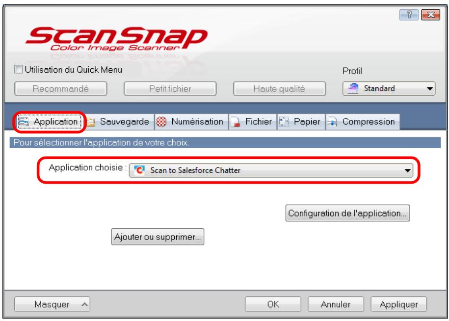 FUJITSU SCANSNAP S1300I,  SCANSNAP S1300I DELUXE - Dans la liste déroulante Application chosesie de l'onglet Application, selectionnez Scan to Salesforce Chatter. - 1