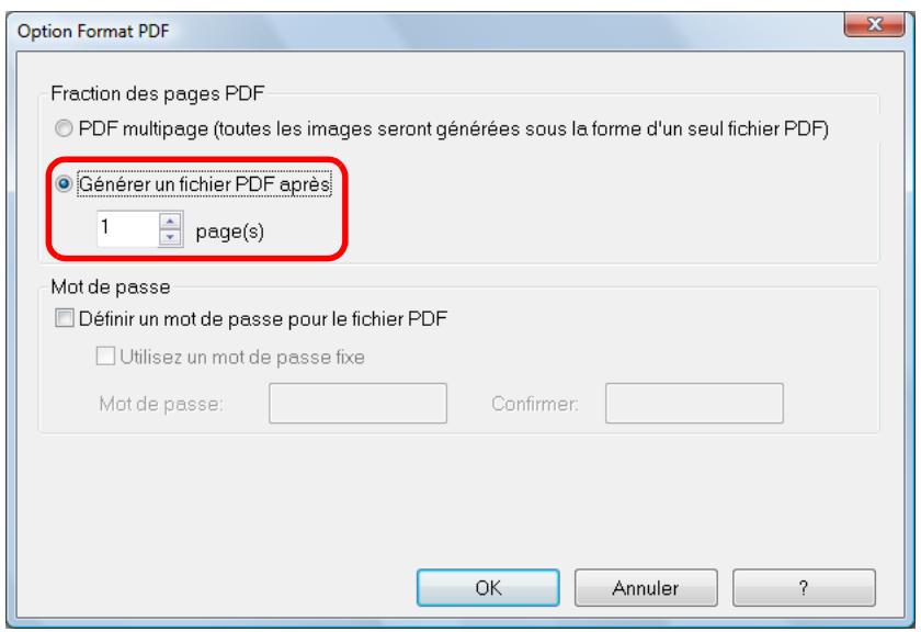 FUJITSU SCANSNAP S1300I,  SCANSNAP S1300I DELUXE - Sélectionnez Générer un fichier PDF après (n) page(s) et saisissez le nombre de pages à fractionner. - 1