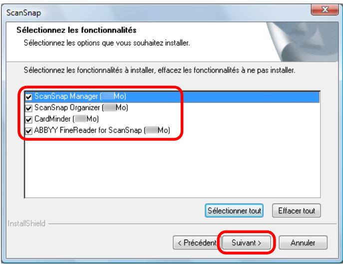 FUJITSU SCANSNAP S1300I,  SCANSNAP S1300I DELUXE - Confirmez les cases cochées des composants du logiciel que vous souhaitez installer puis-cliquez sur le bouton Suivant. - 1