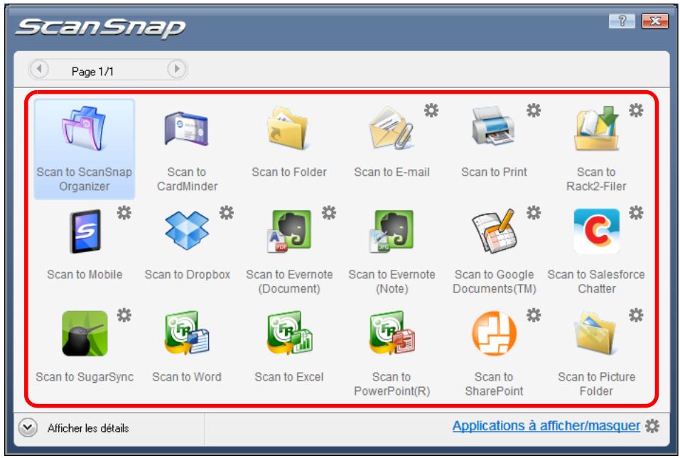FUJITSU SCANSNAP S1300I,  SCANSNAP S1300I DELUXE - Dans le Quick Menu, cliquez sur l'icone de l'application qui interagira avec ScanSnap Manager. - 1