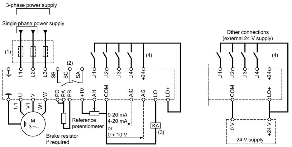 SCHNEIDER ALTIVAR 18 - Connection diagram with factory preset values - 1