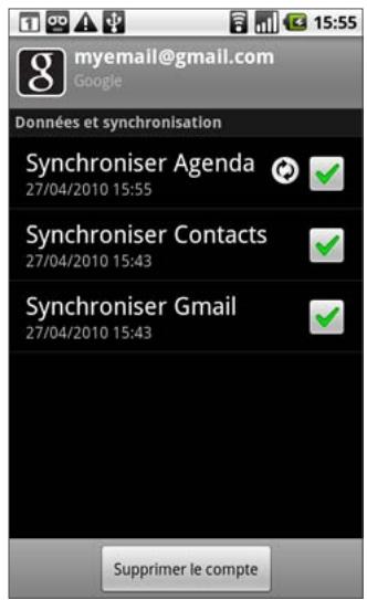 GOOGLE NEXUS ONE - Pour modifier les paramètres de synchronisation d'un compte - 1