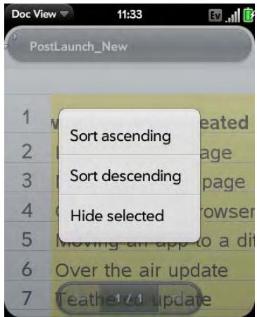 PALM PIXI - Show or hide rows or columns in a spreadsheet - 1