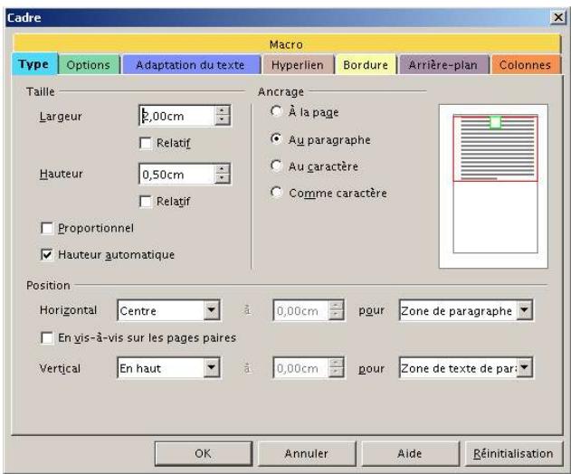OPEN OFFICE 1.1 - Taille et position - 1