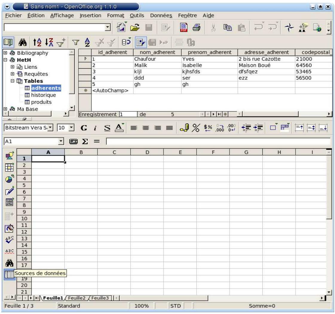 OPEN OFFICE UTILISATION D UNE BASE DE DONNEES SQLITE - Accès à la base de données par le panneau de sources de données - 1
