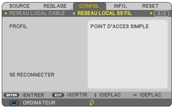 NEC M403H,  M403W,  M403X - Configuration du projecteur avec une connexion à un réseau local sans fil (avec dispositif réseau local sans fil USB en option installé) [RESEAU LOCAL SS FIL]. - 1