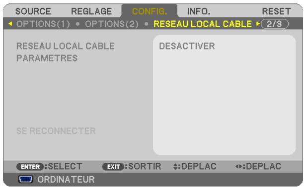 NEC UM280WI - Configuration du projecteur avec connexion par réseau local cable [RESEAU LOCAL CABLE] - 1