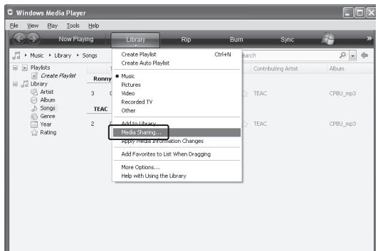 TEAC NPH750 B, NPH750 S - On Windows Media Player, open "Library", then "Media Sharing...". - 1