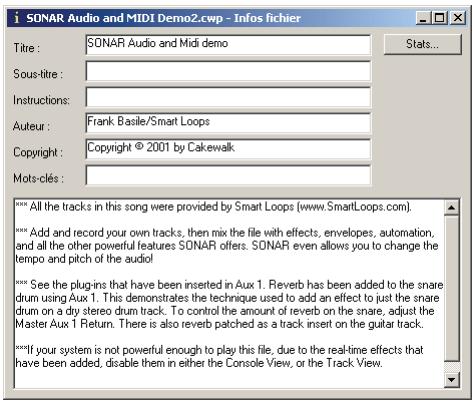 CAKEWALK SONAR 8 - Afficher et modifier les informations sur le projet - 1