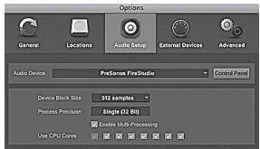 PRESONUS FIRESTUDIO MOBILE - Affiche le pilote audio actif et la fréquence d'échantillonnage, et propose des liens rapides pour configurer l'audio et le MIDI. - 1