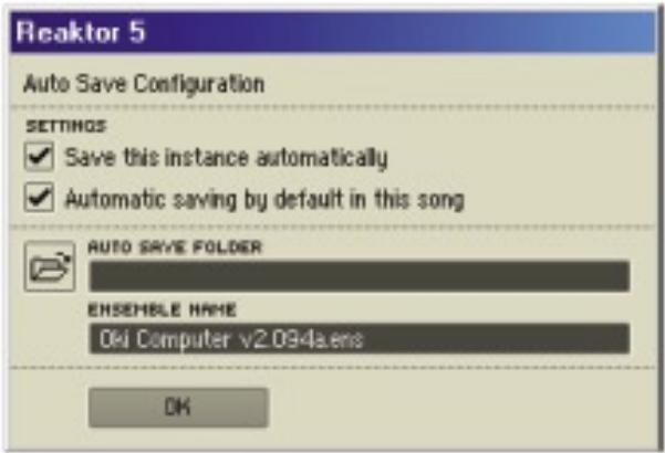 NATIVE INSTRUMENTS REAKTOR 5 - La boîte de dialogue Auto Save Configuration - 1