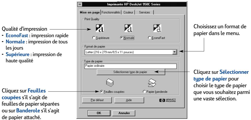 HEWLETT PACKARD 950C - Onglet Mise en page deWindows 3.1x - 1