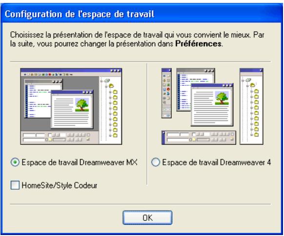 MACROMEDIA DREAMWEAVER MX 6 - Choix de la presentation de l'espace de travail (sous Windows uniquement) - 1