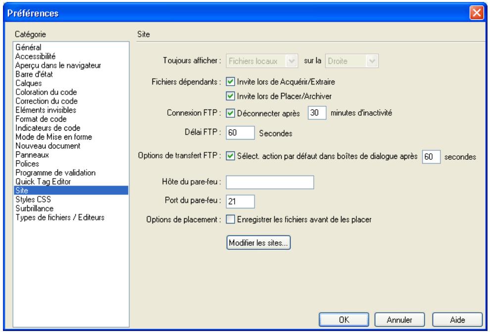 MACROMEDIA DREAMWEAVER MX 6 - Définition des préférences du panneau Site - 1