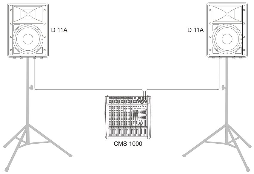 DYNACORD D 11 A - CAUTION: After installing the system, first switch on the mixing console and position the mixer's master faders to their minimum settings. That followed, switch on the D 11A and use the master faders to adjust the desired volume setting. Otherwise, high sound levels caused by unintentional playback of a program source could be the result, which might cause hearing damage. - 1