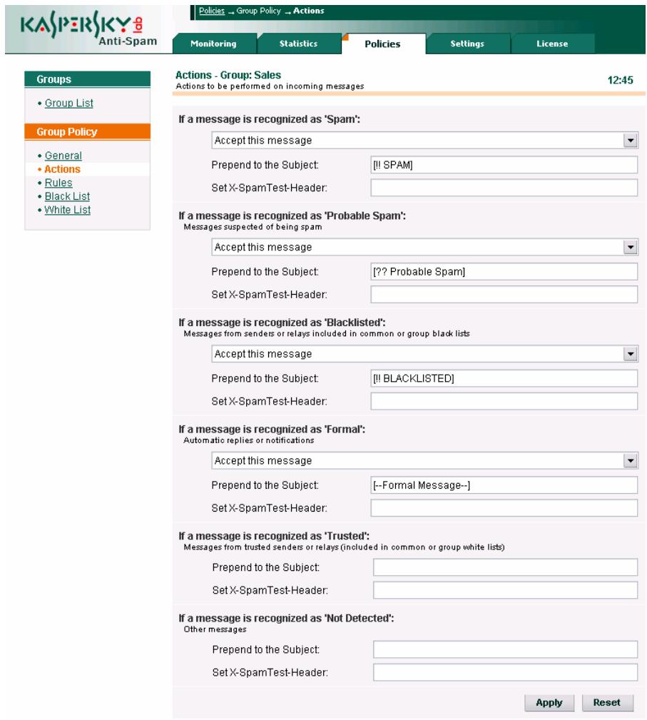 KASPERSKY ANTI-SPAM FOR LINUX - Actions à exécuter sur les messages - 1