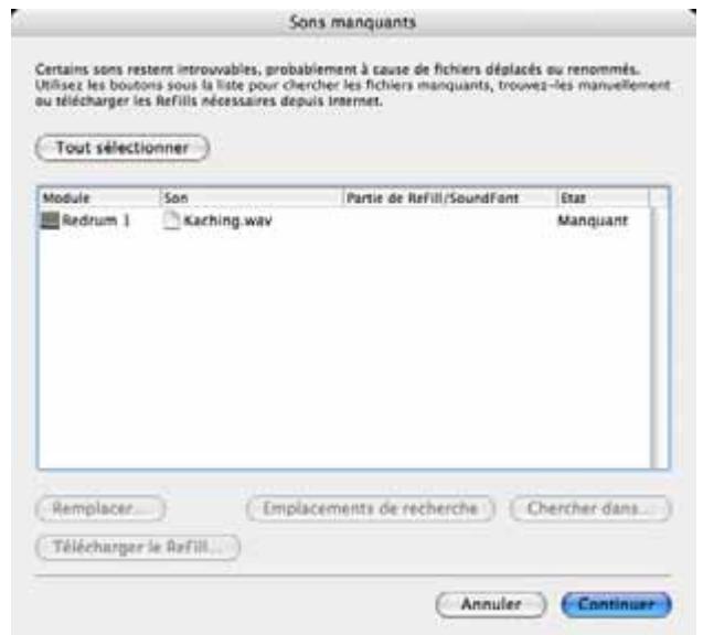 PROPELLERHEAD REASON 4 - La boite de dialogue Sons manquants - 1