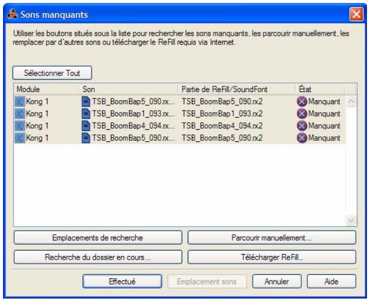 PROPELLERHEAD REASON 5 - La boîte de dialogue Sons manquants - 1