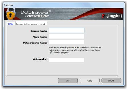 KINGSTON DATATRAVELER LOCKER G2/DTLPG2 - Polecenie DTL+ G2 Settings (Ustawenia pamięci DTL+ G2) - 1