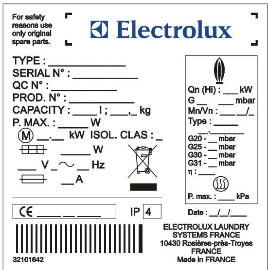 ELECTROLUX LAUNDRY SYSTEMS IC43316 - Plaque signalétique - 1