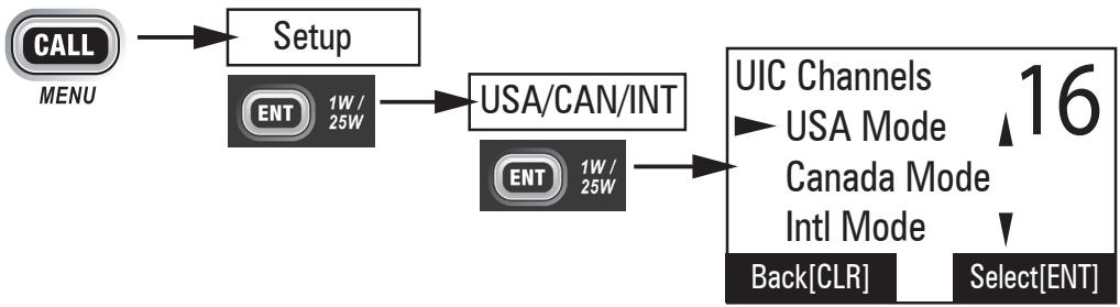 UNIDEN UM415 - Régler le mode des canaux (ÉTATS-UNIS/CANADA/INTERNATIONAUX) - 1