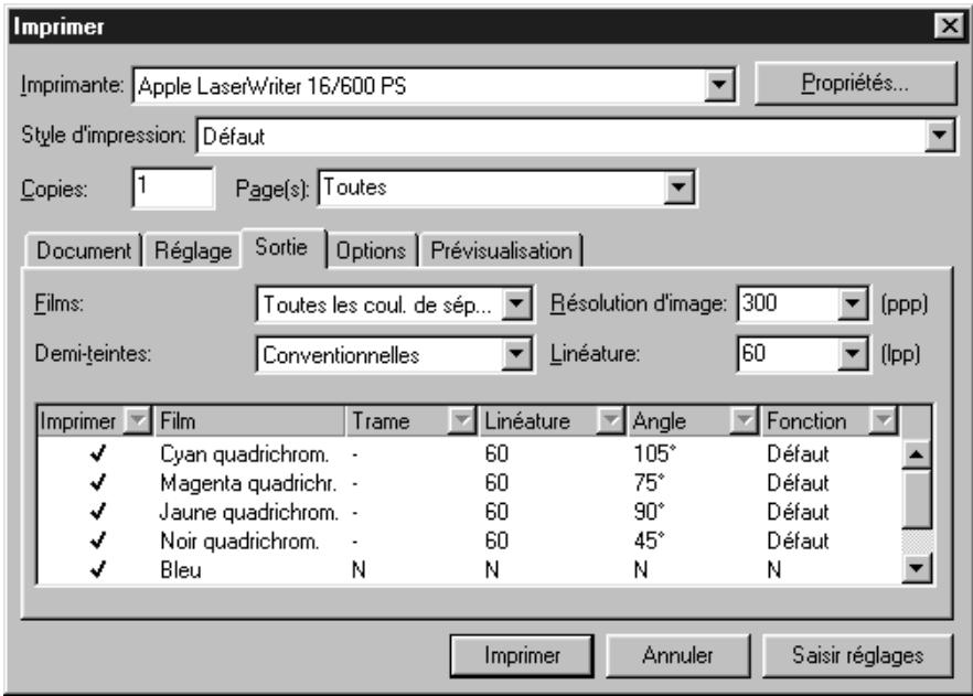 QUARK XPRESS 5 - PARAMÉTRAGE DE LA RUBRIQUE SORTIE (SEPARATION DES COULEURS ACTIVÉE) - 1