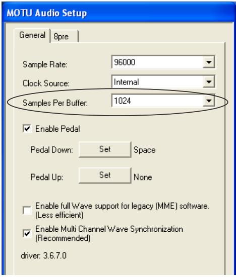 MOTU AUDIO EXPRESS 8PRE - RéGLAGE DE LA TAILLE DU BUFFER D'ENTREE/SORTIE - 1